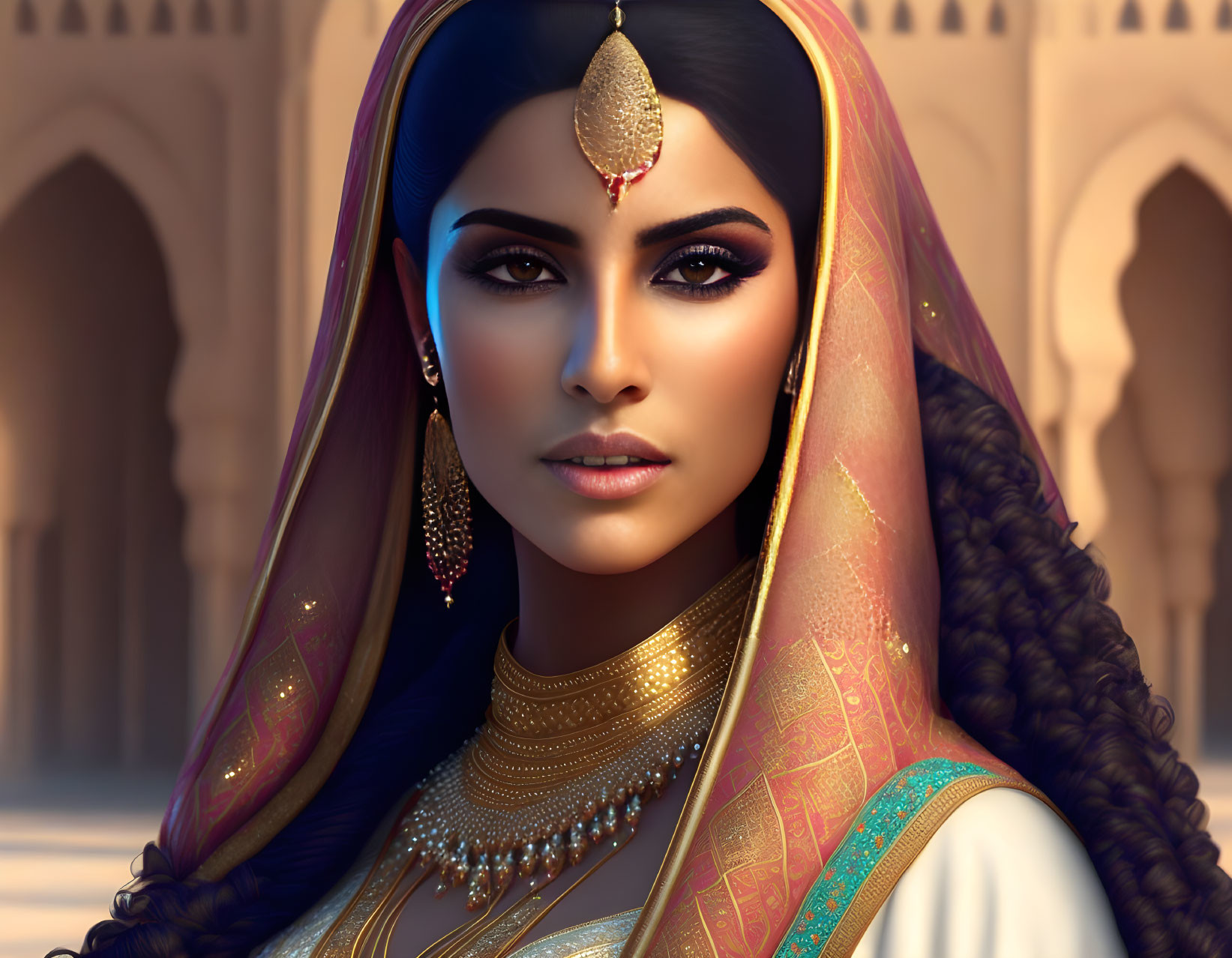 Digital Art Portrait of Woman in Traditional Indian Attire Against Palace Backdrop