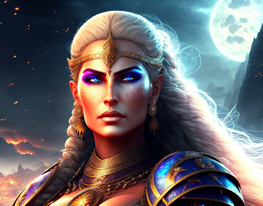 Fantasy female warrior in golden armor with white hair and blue eyes under moonlit sky