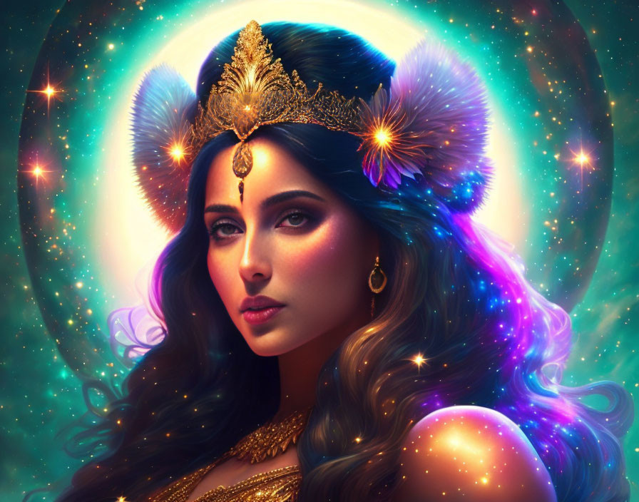 Golden headgear woman with cosmic aura in starscape