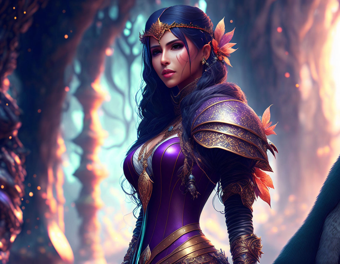 Fantasy Artwork: Woman in Purple and Gold Armor in Mystical Forest