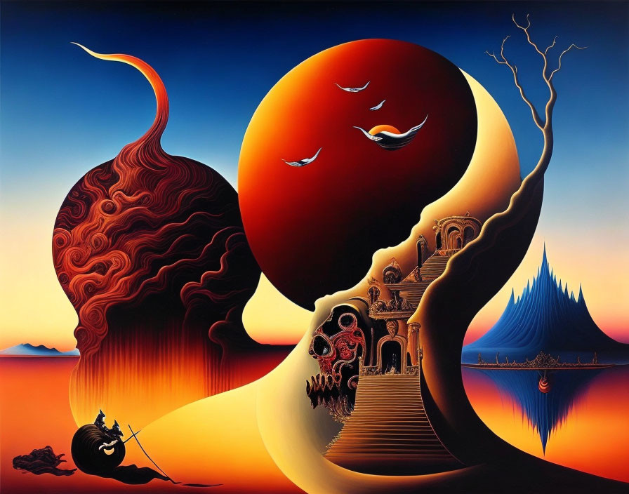 Surreal painting with sun, moon, whimsical landscapes, staircase, and figure rowing boat