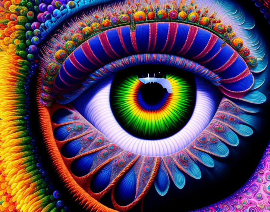 Colorful Psychedelic Eye Art with Rainbow Iris and Fractal Patterns