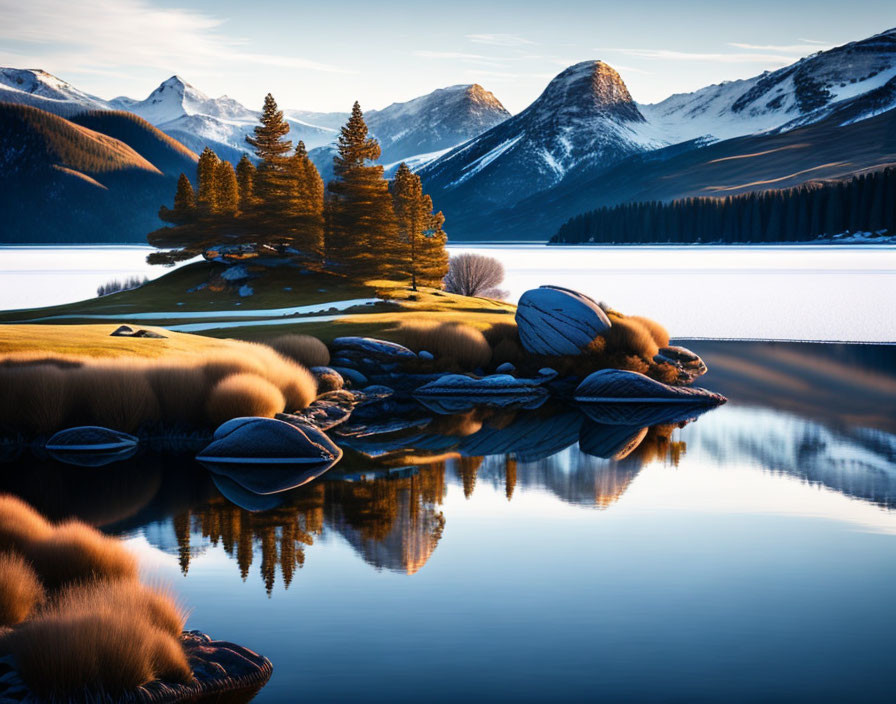 Tranquil lake with tree island and snow-capped mountains at sunset