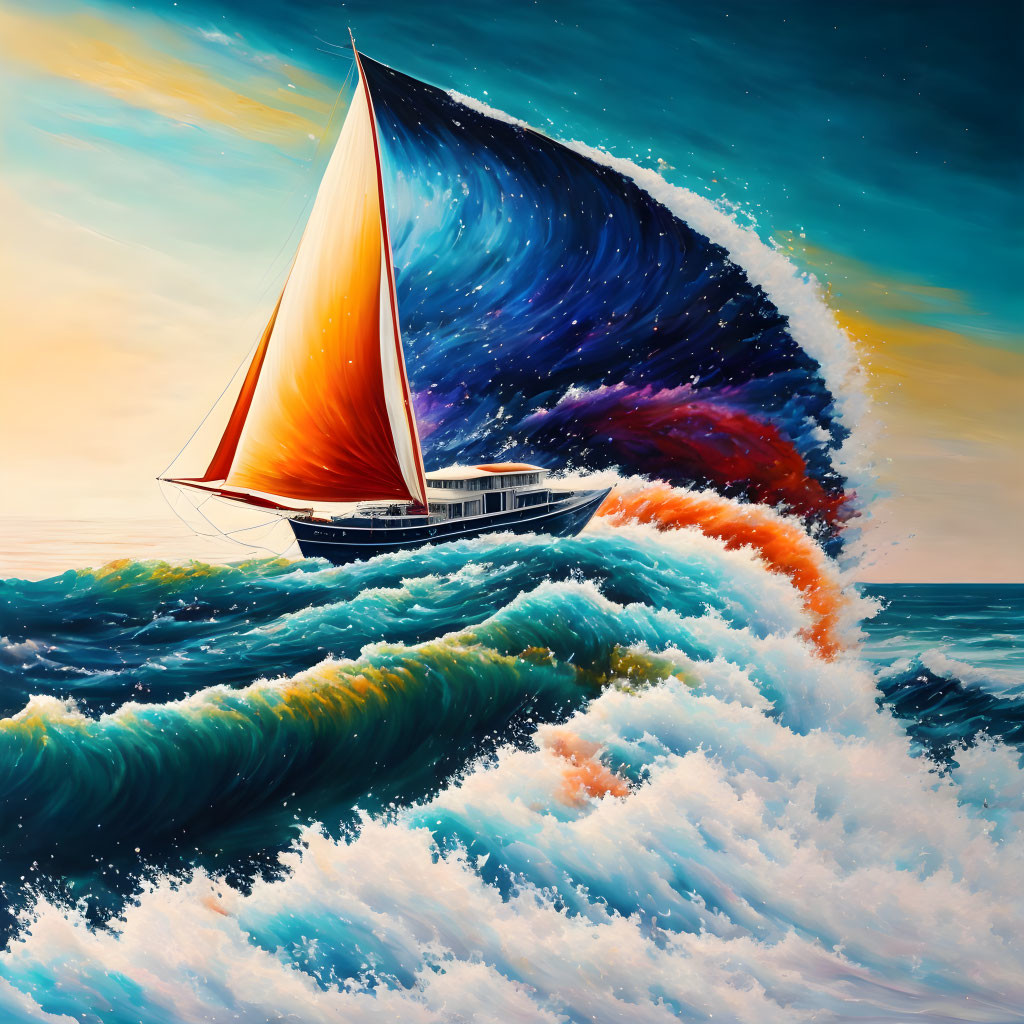 Colorful sailboat painting on turbulent blue waves under cosmic sky