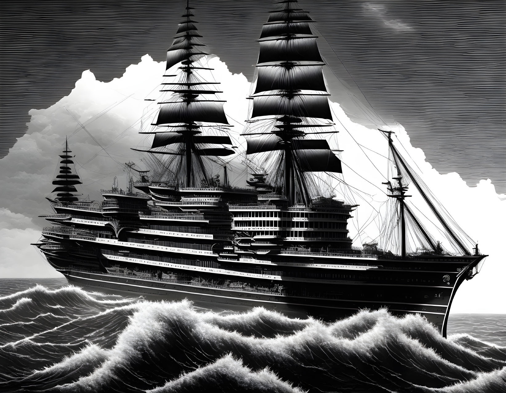 Monochromatic tall ship sailing on turbulent seas with dramatic clouds