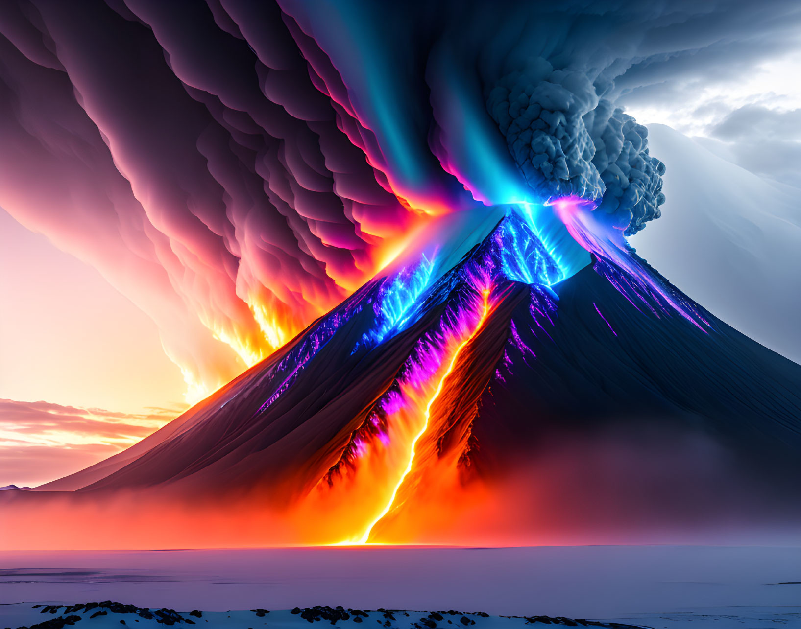 Digital artwork: Neon volcanic eruption with colorful lava and ash plume at twilight