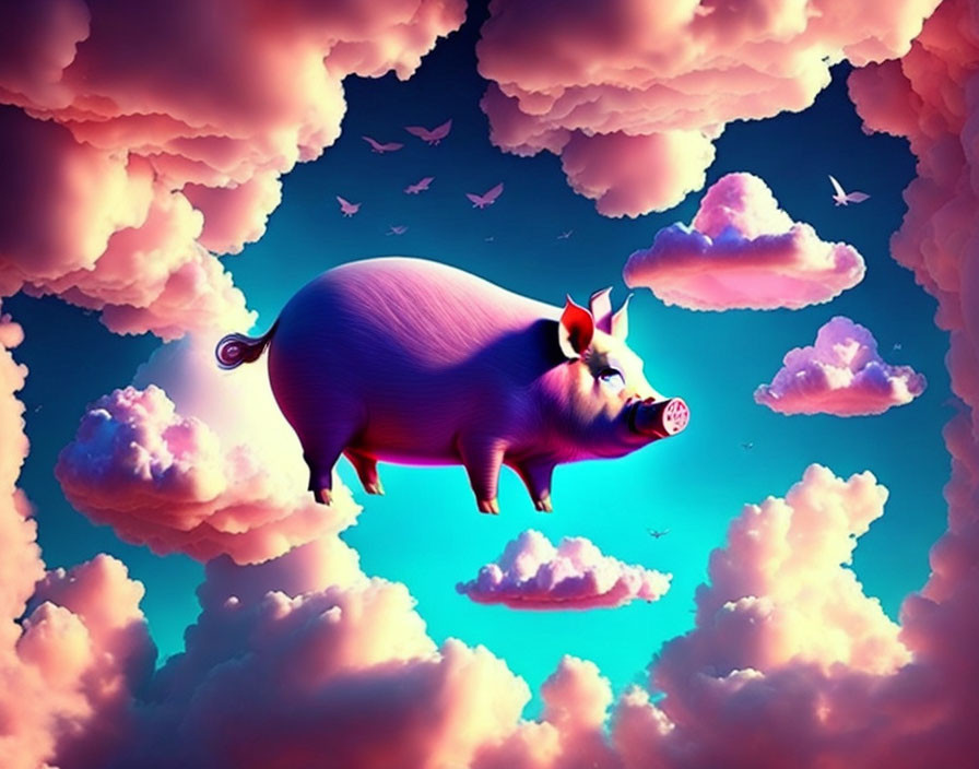 Pink winged pig flying in dreamlike sky with fluffy clouds and distant birds