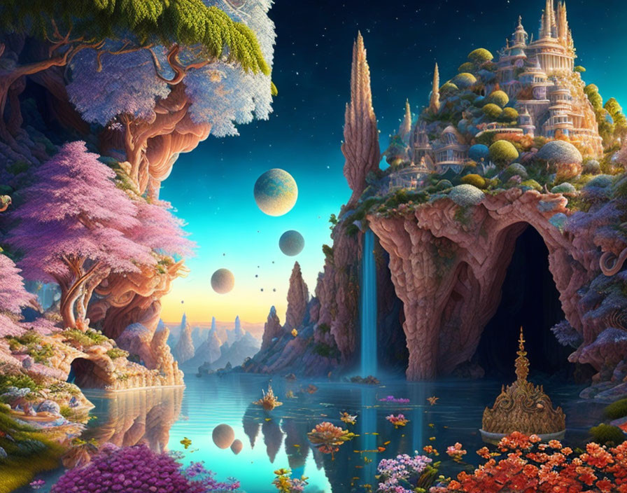 Vibrant trees, cliff-top castle, reflective lake in fantastical landscape