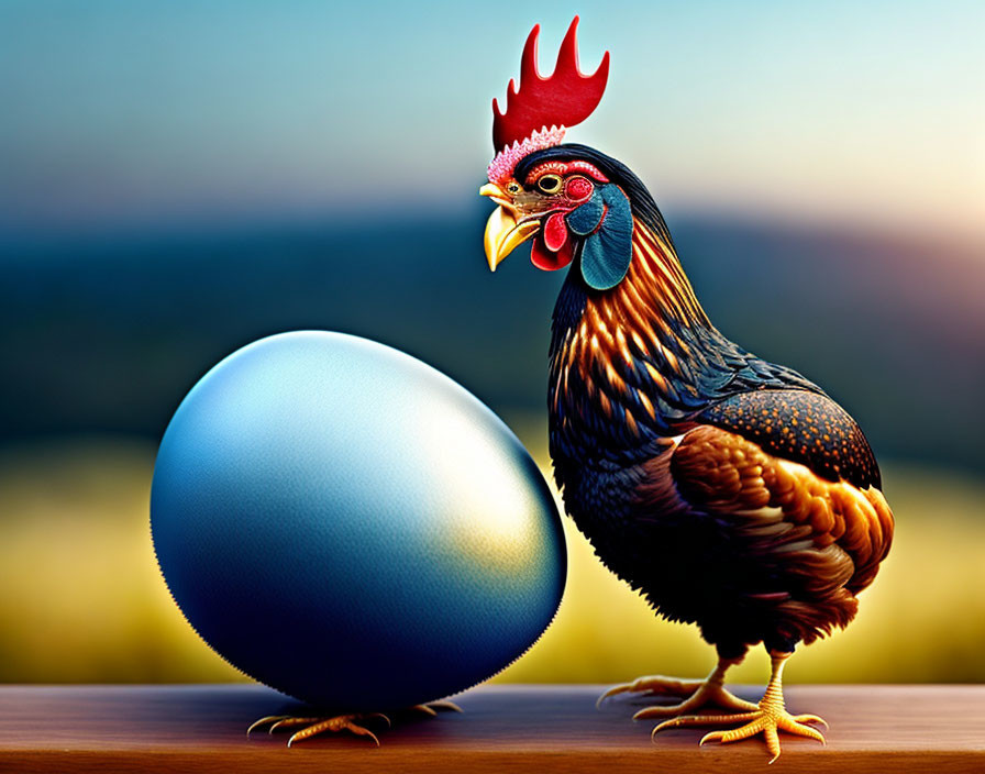 Vibrant rooster and blue egg on wooden surface