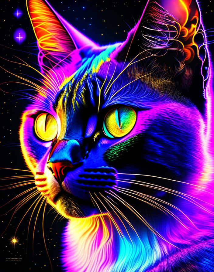 Neon cat digital artwork on cosmic starry background