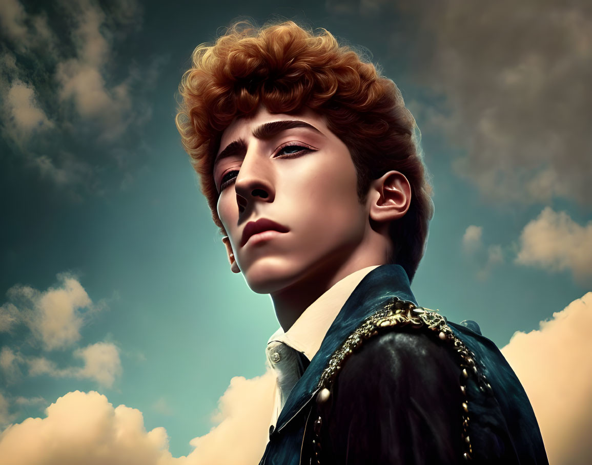 Young man's digital portrait with curly ginger hair against cloudy sky.