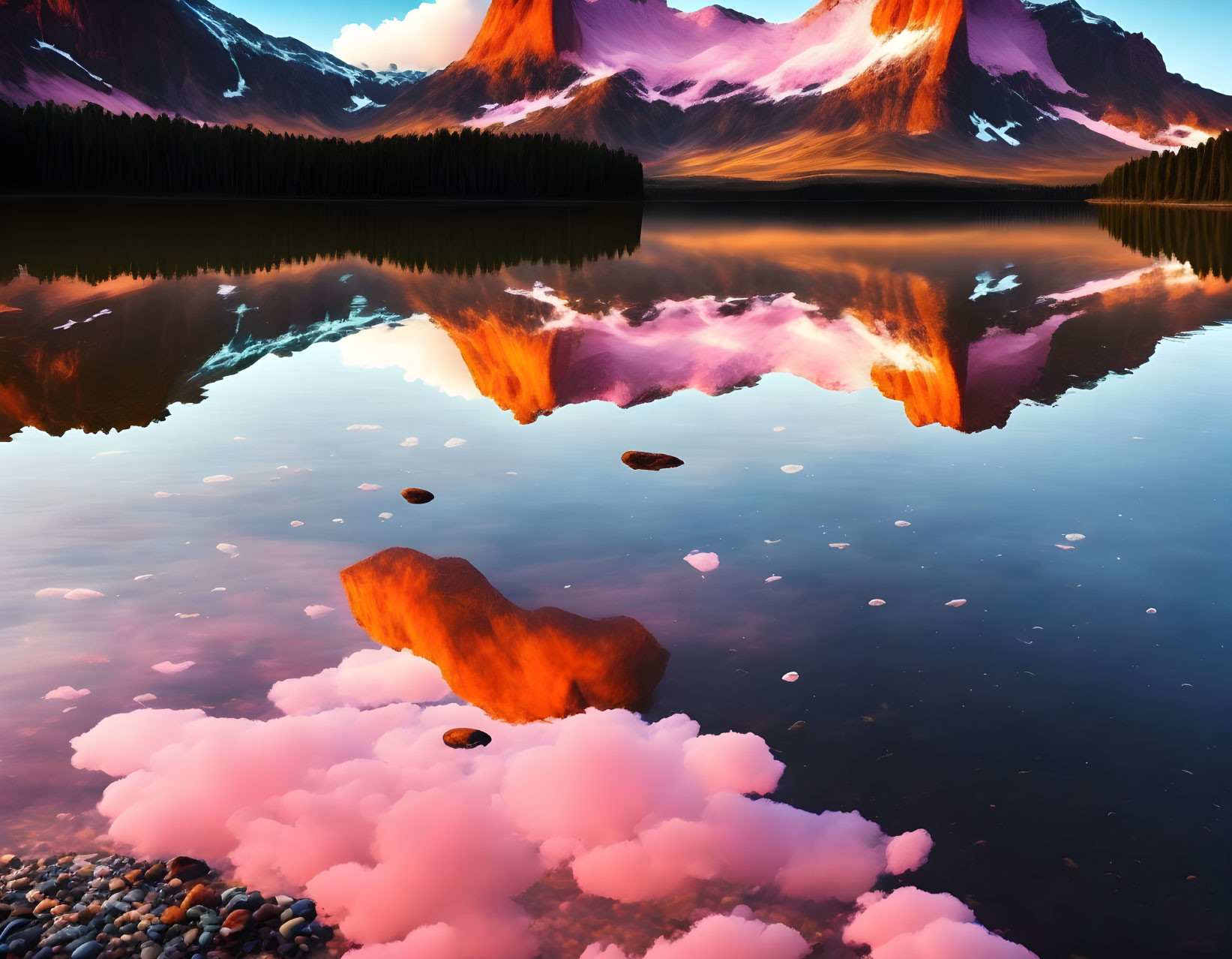 Tranquil lake scene with mountain reflection and colorful sky