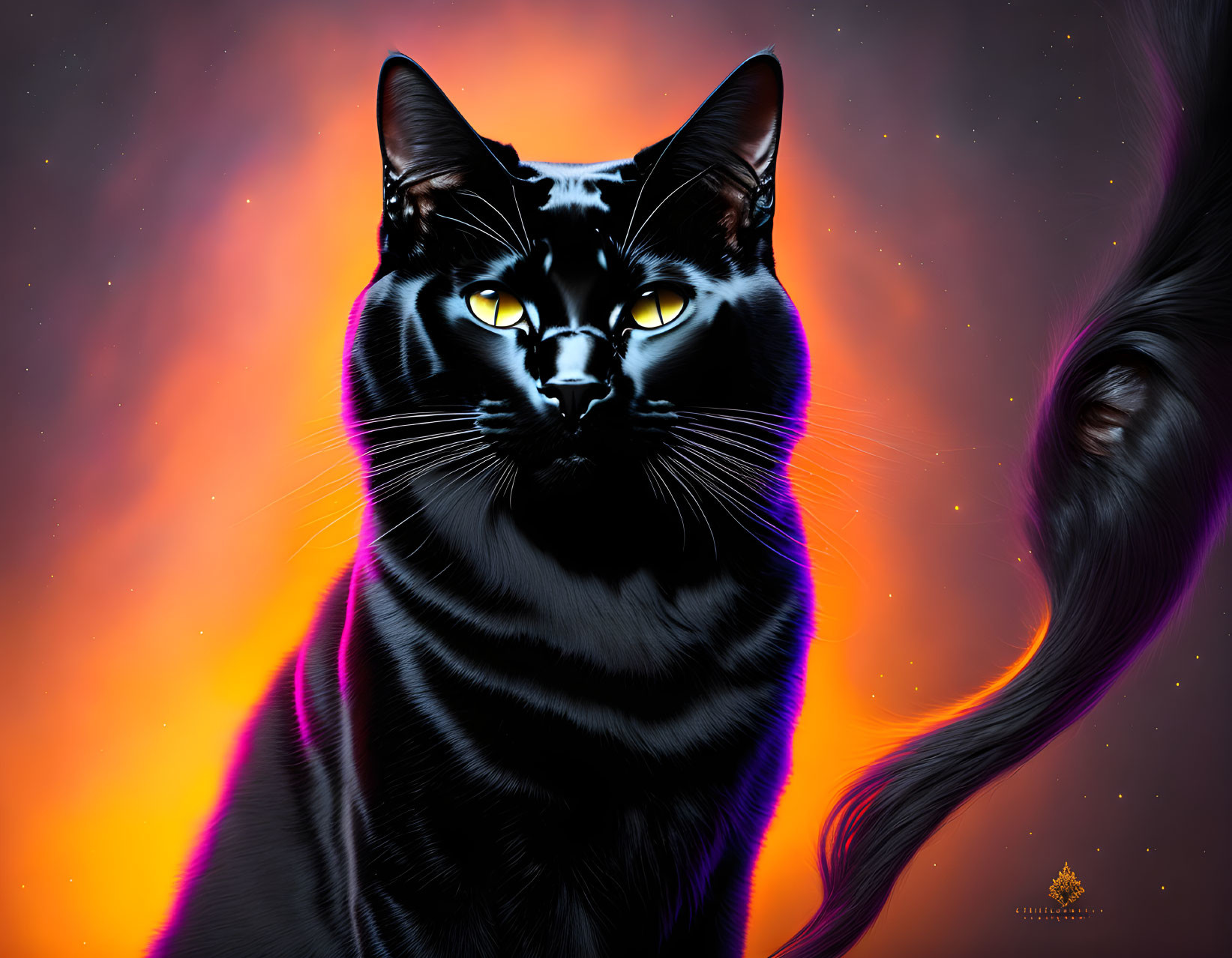 Majestic black cat digital art against cosmic backdrop