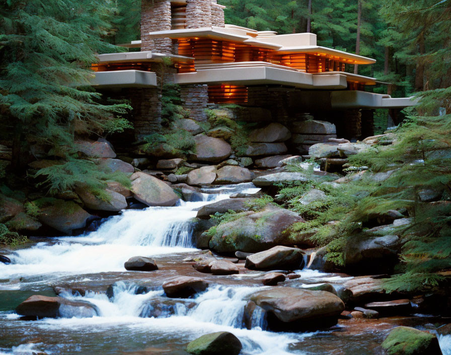 Contemporary multi-tiered forest house with stream and waterfall.