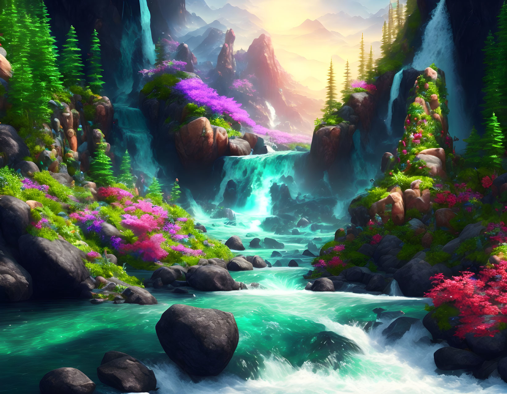 Colorful Fantasy Landscape with Waterfalls, Turquoise River, and Misty Mountains