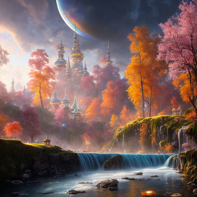 Mystical landscape featuring grand castle, autumn trees, waterfalls, river, and planet in twilight