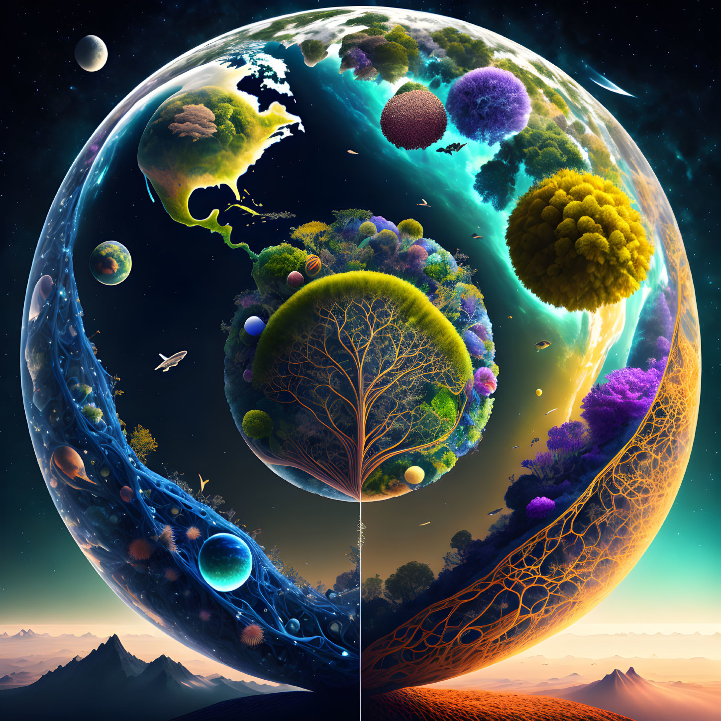 Vibrant oversized flora in surreal spherical ecosystem with cosmic background