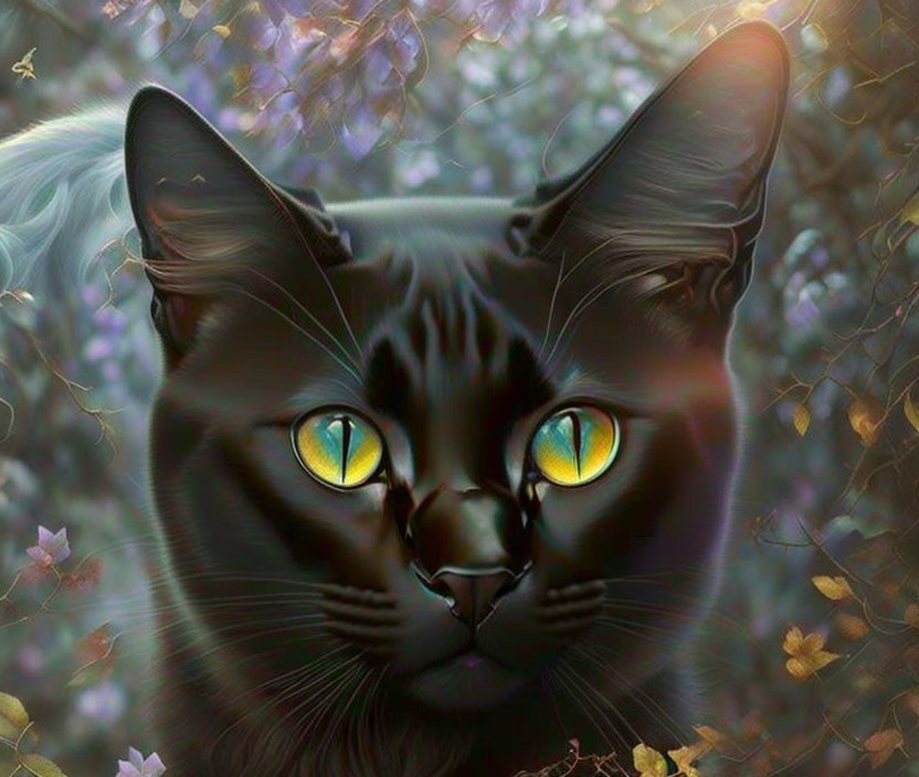 Digital Illustration: Black Cat with Yellow Eyes in Purple Foliage