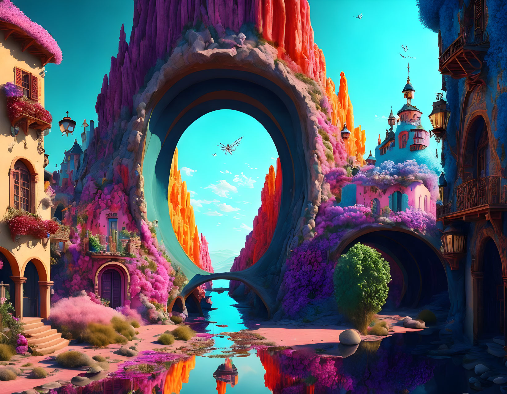 Colorful Fantasy Landscape with Arching Rock Formation, River, and Whimsical Buildings