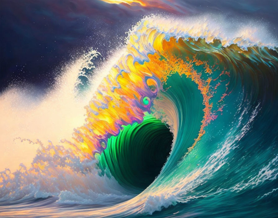 Colorful painting of large wave with vibrant hues and dramatic sky