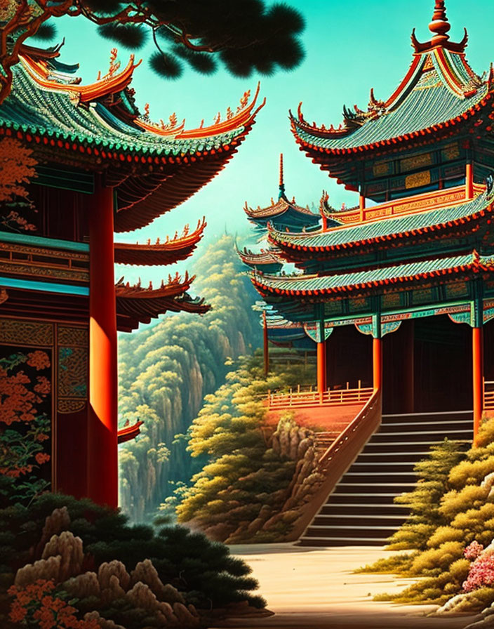 Serene forest landscape with traditional Asian pagodas