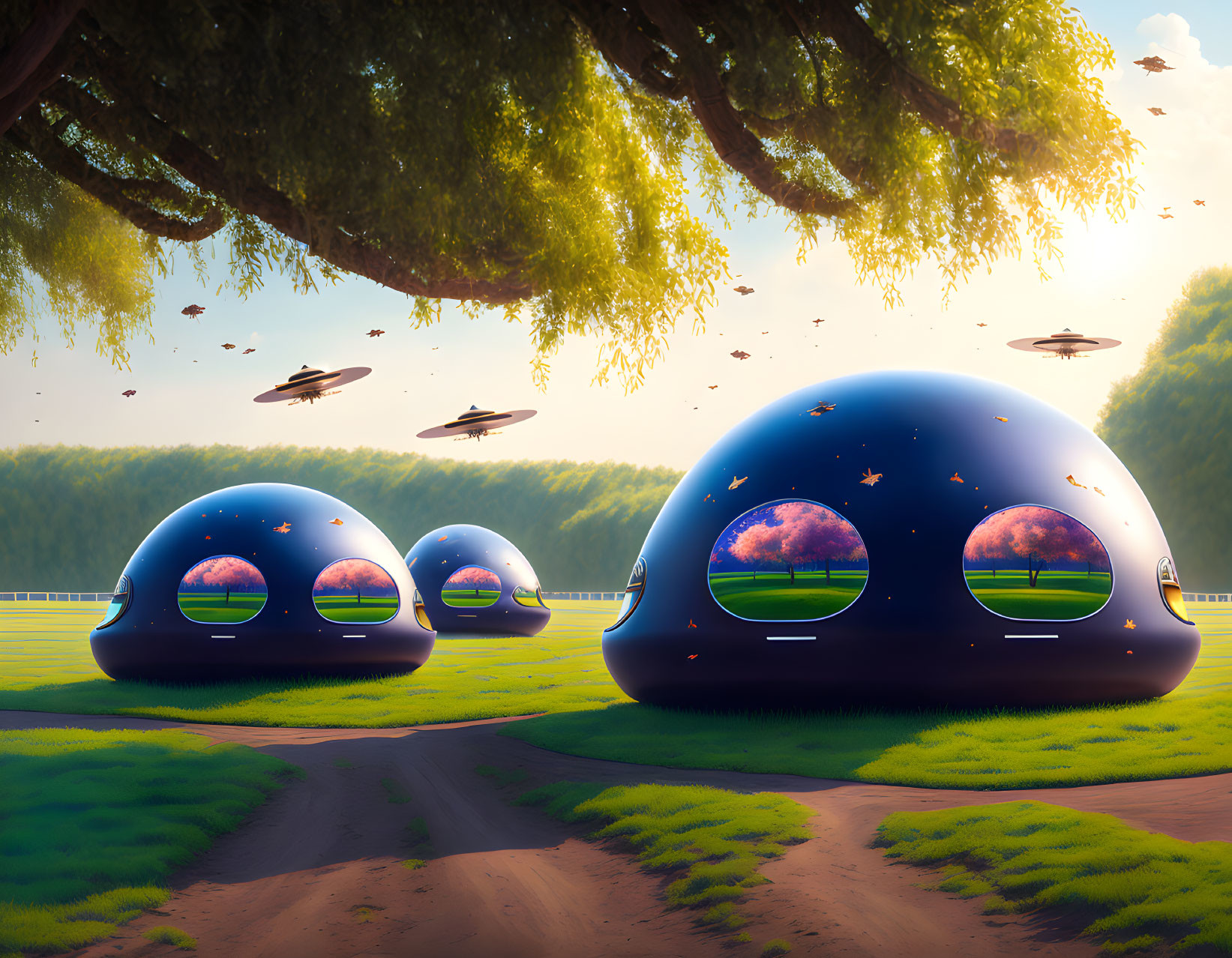 Futuristic domes with starry skies projected under a tree, flying vehicles above a grass field