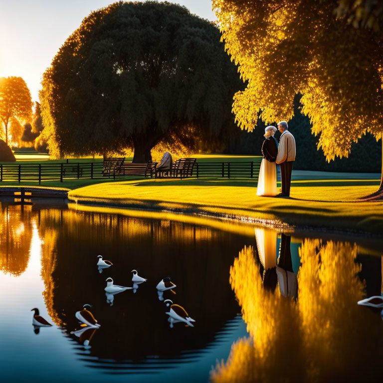 Elderly Couple Embracing by Serene Lake at Sunset