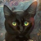 Digital Illustration: Black Cat with Yellow Eyes in Purple Foliage