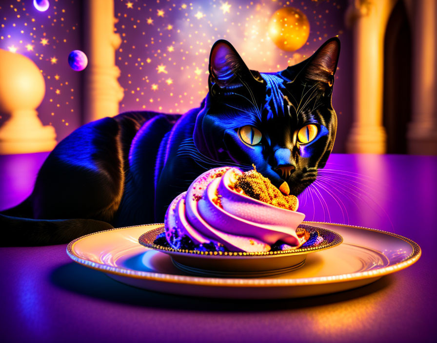 Black cat with yellow eyes next to colorful cupcake on purple backdrop