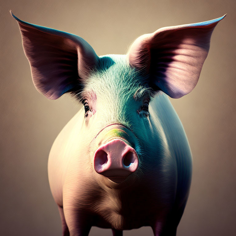 Close-up of pig with perked-up ears and prominent snout on gradient background