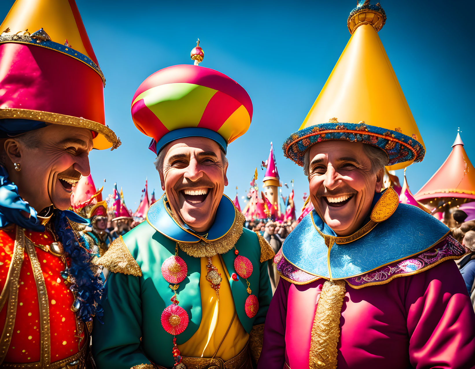 Three people in vibrant medieval jester costumes at festive event