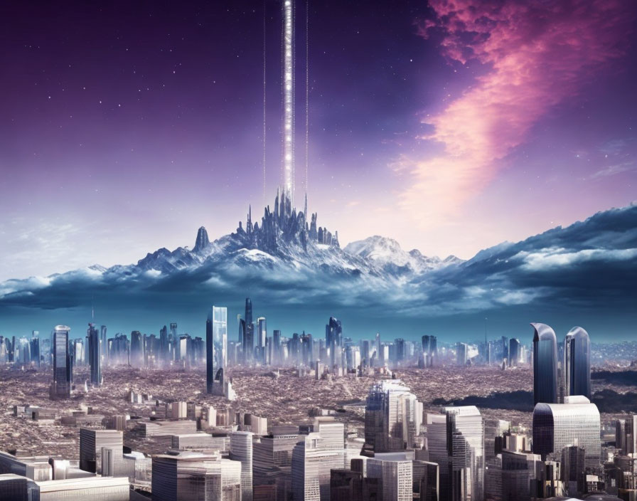 Futuristic cityscape with skyscrapers and cosmic spire at twilight