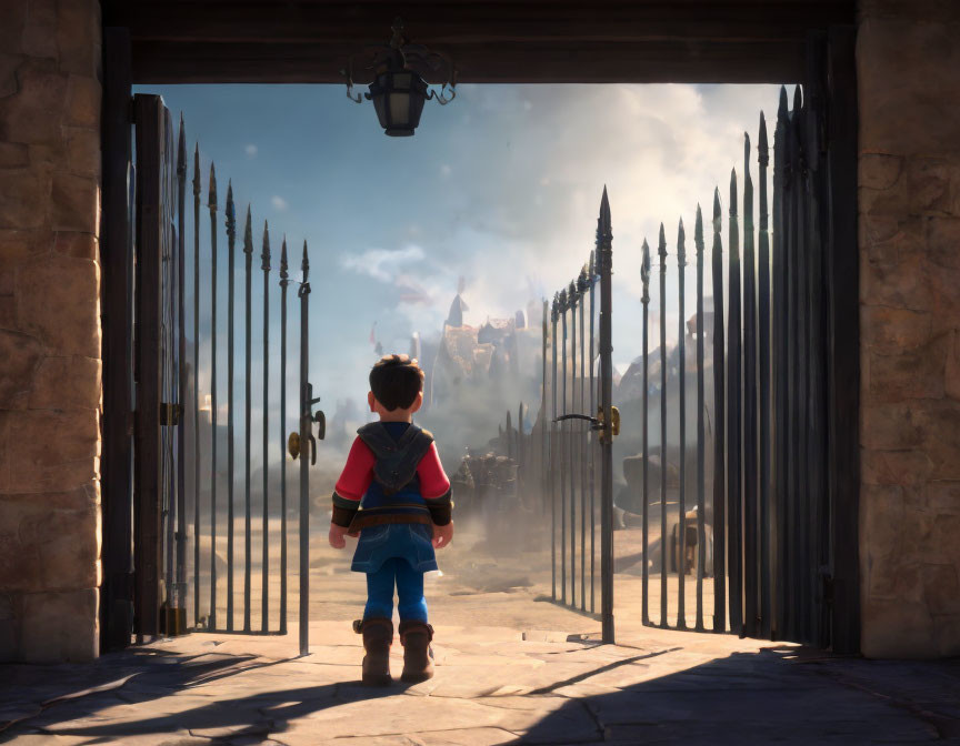 Child in red top gazes at distant castle in misty landscape