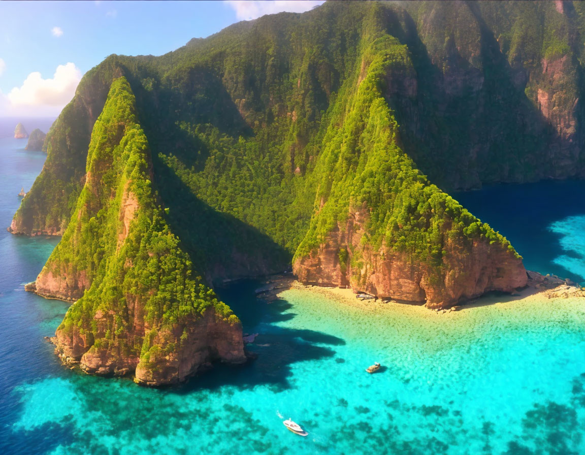 Green mountains and beach with boats in turquoise waters under sunny sky