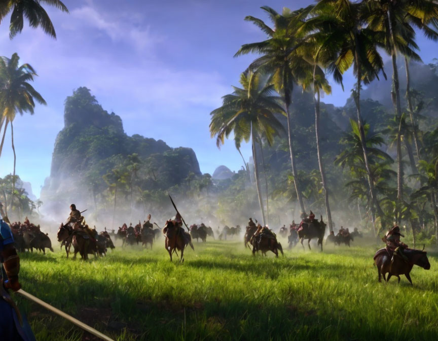 Animated warriors on horseback in vibrant landscape