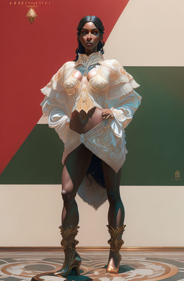 Digital artwork of a dark-skinned woman in ornate fantasy attire on geometric backdrop