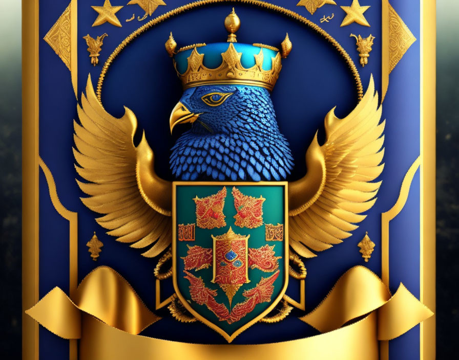 Royal blue eagle emblem with crown on blue & gold banner, stars, shield with floral designs