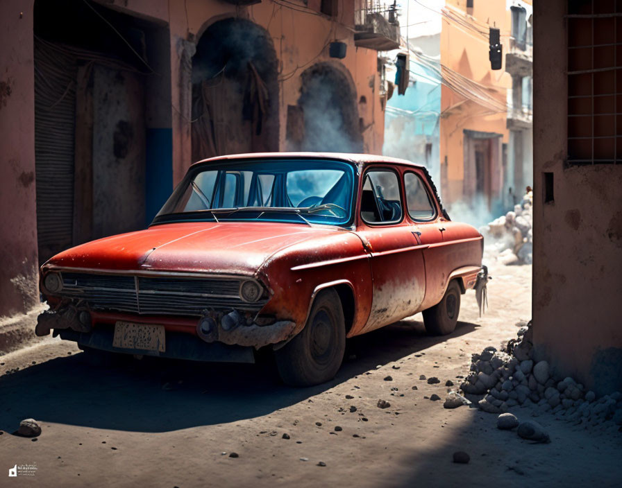 Vintage Red Car Parked on Dusty Street with Buildings Emitting Smoke