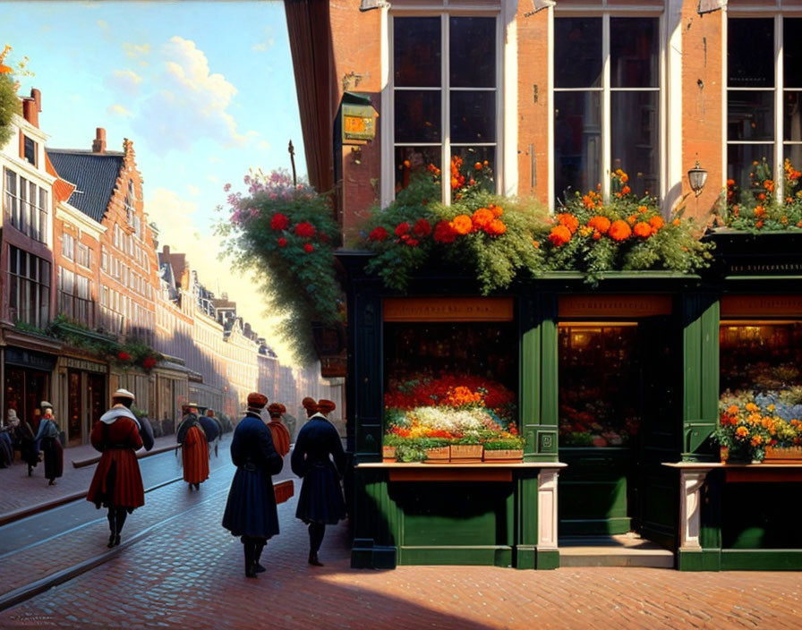 Traditional Attire Street Scene with Vibrant Flower Displays and Dutch-style Buildings