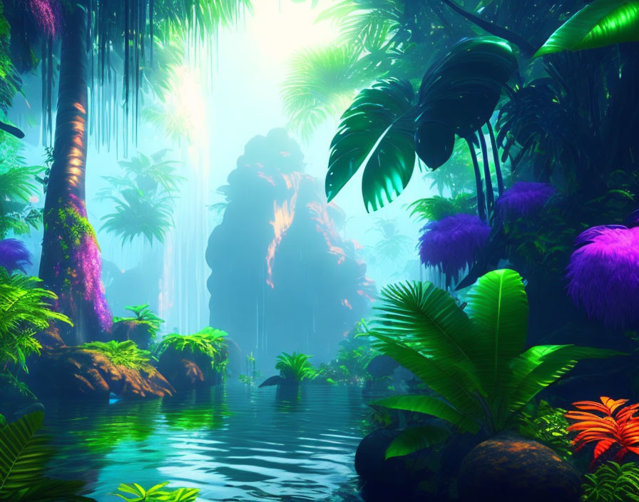 Lush Jungle with Diverse Vegetation and Serene Water Body