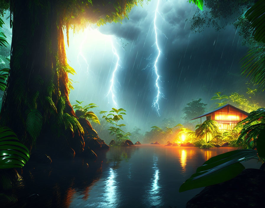 Traditional house by lake in tropical rainforest under stormy sky with lightning