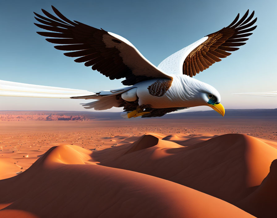 Majestic eagle flying over serene desert landscape