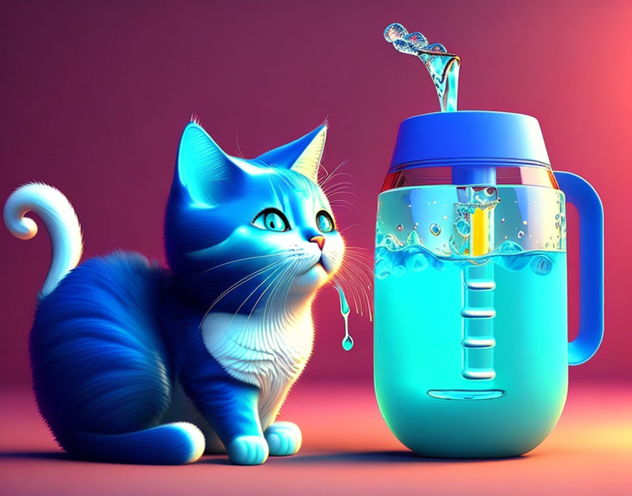 Stylized blue cat with large eyes and transparent sippy cup with goldfish.