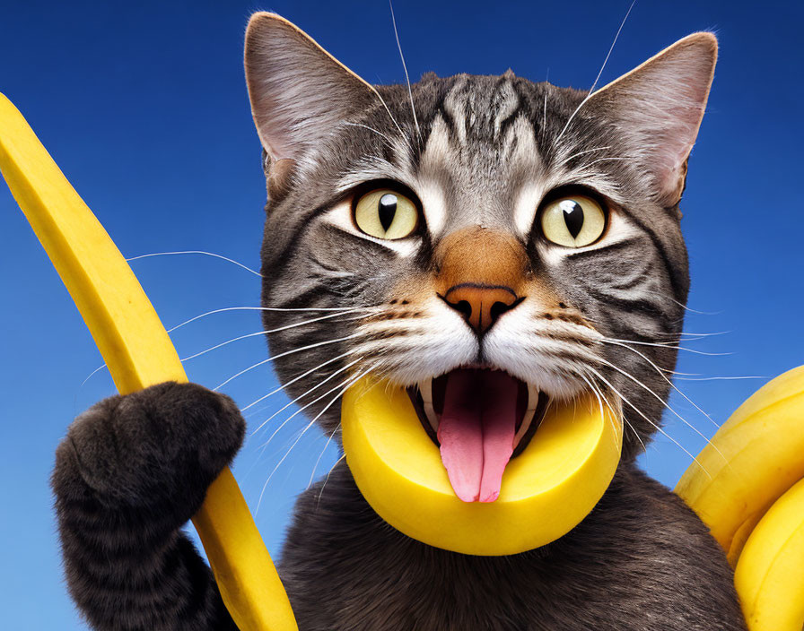 Grey Tabby Cat Holding Telephone Receiver on Blue Background