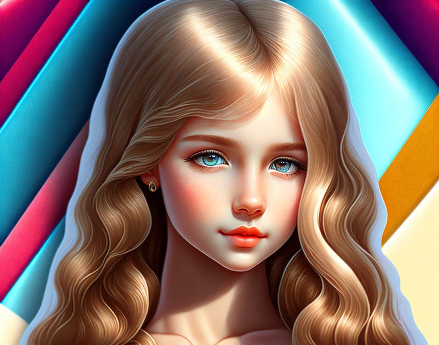 Digital Illustration of Girl with Long Blonde Hair and Blue Eyes