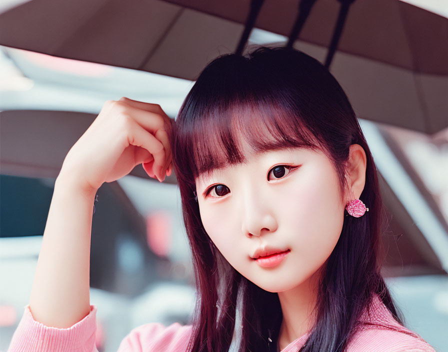 Young woman with black straight hair, pink earrings, and top holding an umbrella.