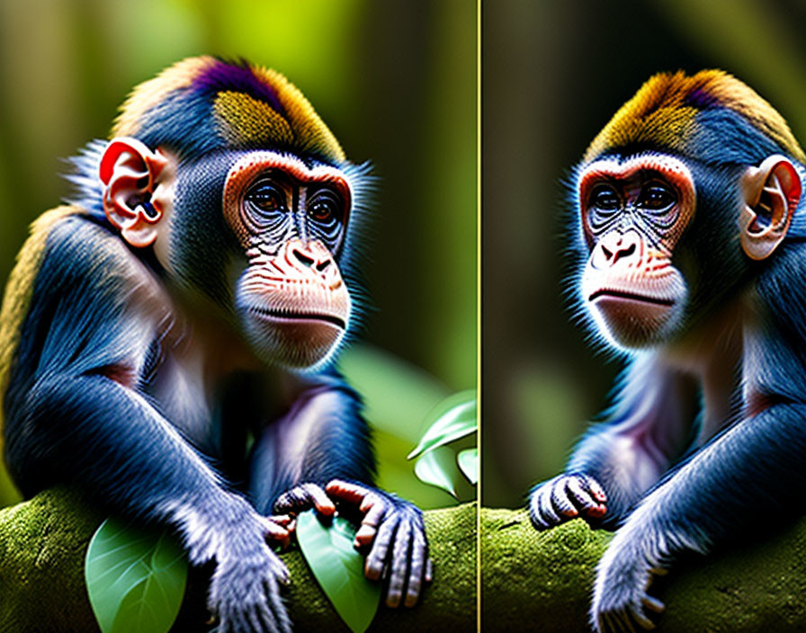 Colorful Mandrill Monkeys Resting on Branch Surrounded by Green Foliage