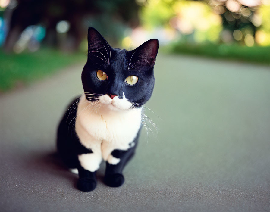 Black and White Cat with Yellow Eyes on Paved Walkway