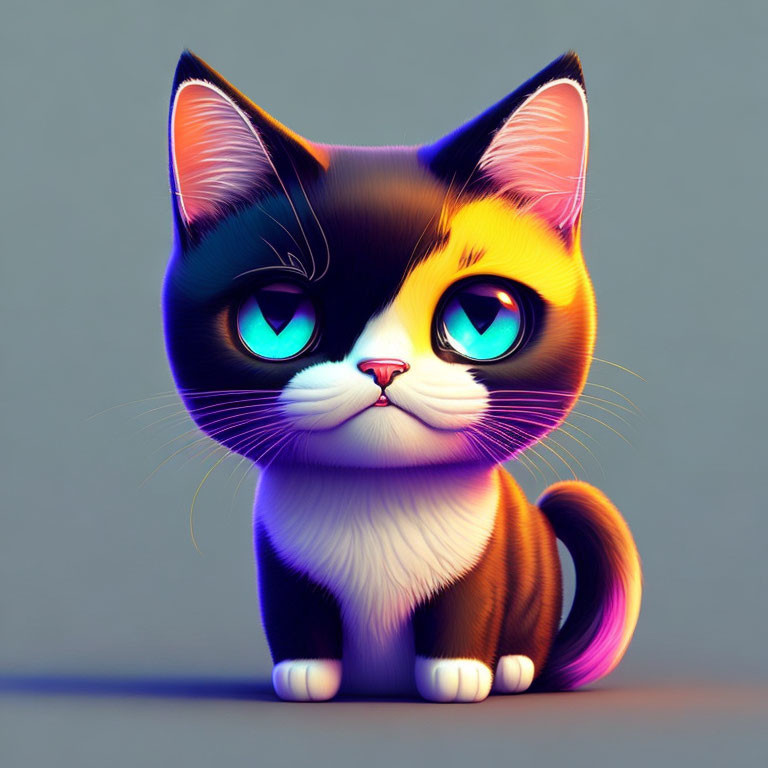 Colorful Stylized Cat Illustration with Turquoise Eyes and Fluffy Fur