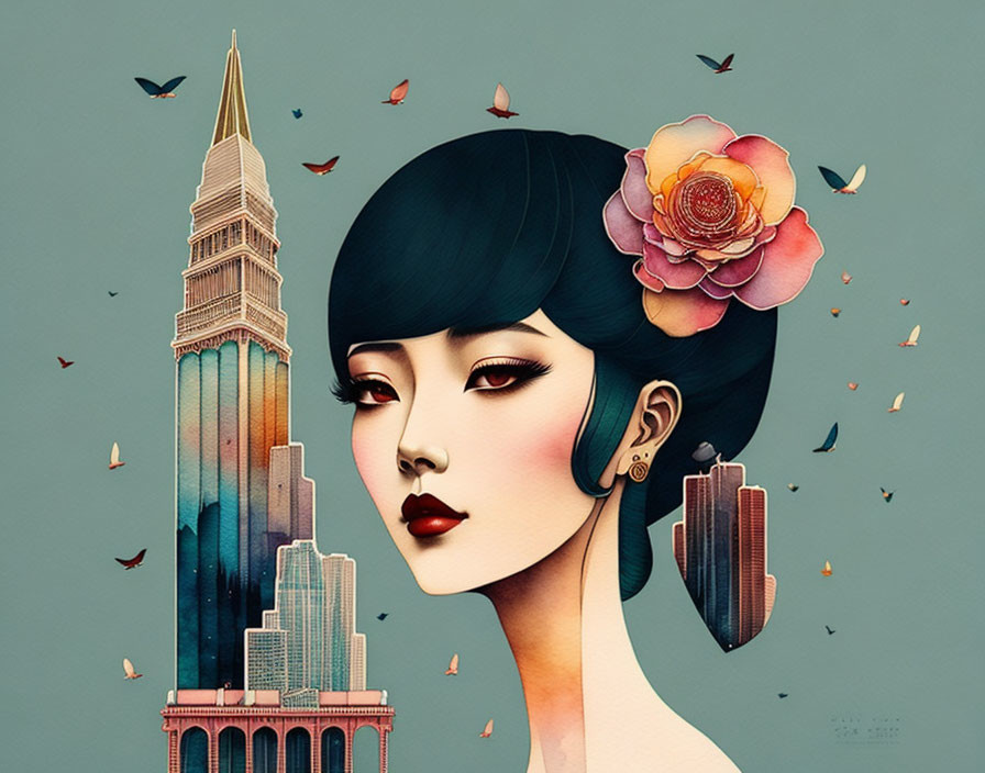 Illustration of woman with cityscape and skyscraper in hair and flying birds